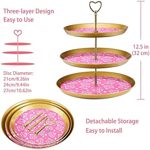 3 Placa de fruta de cupcakes de 3 camadas de sobremesa Plástico para servir suporte de exibição para casamento de aniversário de bebê Decorações de chá de chá de bebê redondo, padrão de diamante rosa