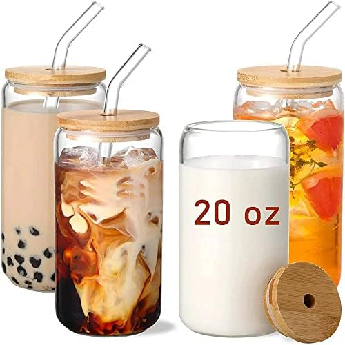 Xícaras de vidro Haimai Oz com tampas de bambu e palha de vidro - 4pcs conjunto de copos de bebida em