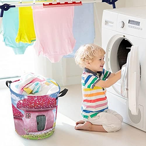 Foduoduo Cesta de lavanderia Pink Cartoon Cogumelo cesto com alças Saco de armazenamento de roupas