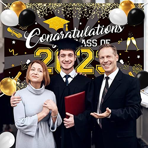 Ximishop 13pcs Decorações de festa de graduação 2023 ， Black Gold Parabéns Classe de banner de graduação de 2023 para a decoração de festa de formatura ao ar livre ou interna