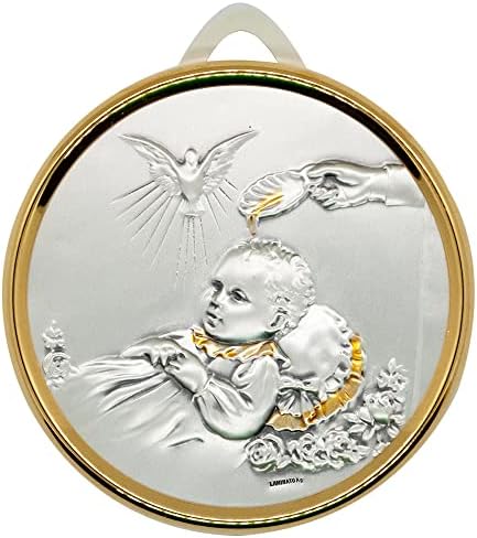 Medalha de berço de lembrança do batismo | Placa de bebê e Espírito Santo com fitas azuis e rosa