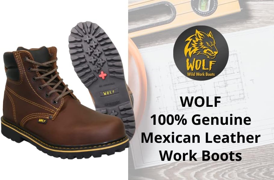 Bota de trabalho de lobo | Couro mexicano genuíno resiliente à água | Resiliente a óleo | Dedo do pé