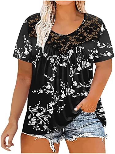 Camisetas de renda floral casual e casuais as camisetas oculam blusas de barriga soltas no pescoço redondo de manga curta para leggings