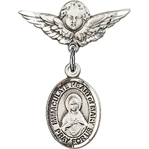 Distintivo para bebês de prata esterlina com imaculado coração de mary charme e anjo w/wings badge pino