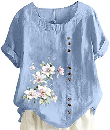 Camiseta feminina manga curta de linho de linho de algodão de algodão gráfico floral casual de grande porte