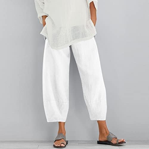 Calças capréns de linho de algodão feminina, conforto casual de pernas largas Palazzo Yoga Capris Summer