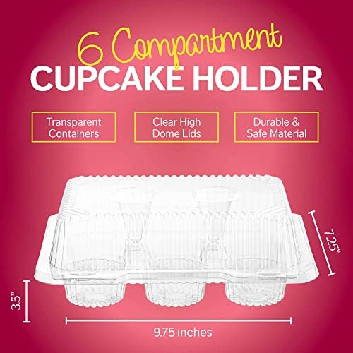 Caixas de recipientes de cupcake de plástico | 6 Compartimento - 12 pacote | DOZEN DOZEN DOZE DE DOME DESPONSÍVEL COM TAMPA COM TIDA BULK | Caixas de cupcakes empilháveis ​​robustas extra | Transportador de embalagem de muffin durável para ir