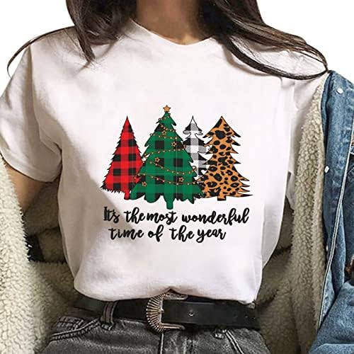 Camiseta feminina Tops Feliz Natal árvore e xadrez t-shirt de camisetas de pullita de gola alta da