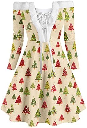 Bloco colorido de cor da árvore de Natal Mini vestido de moda de moda fluida de manga comprida camisa