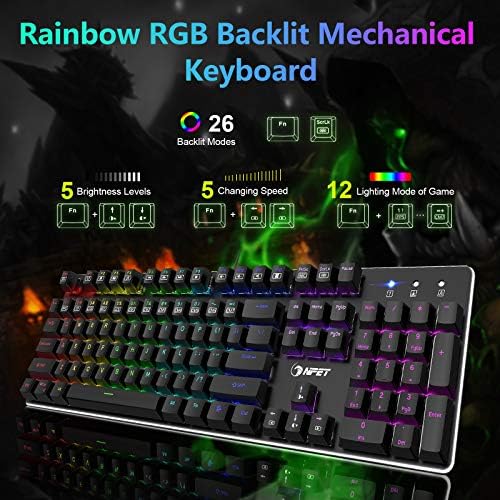 Teclado de jogo K20 NPET, teclado de jogo mecânico de LED RGB LED, teclado de computador ergonômico de 104 chaves
