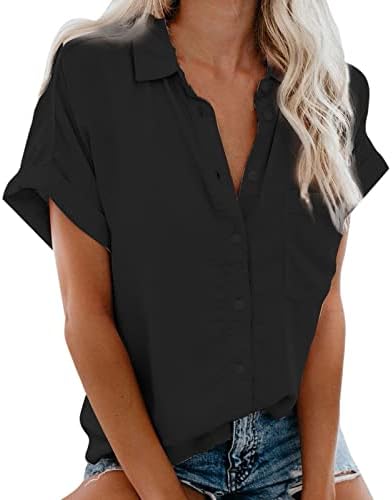 Button de verão feminino camisetas de manga curta Trabalho de ônibus máscara em blusas v pescoço solto de