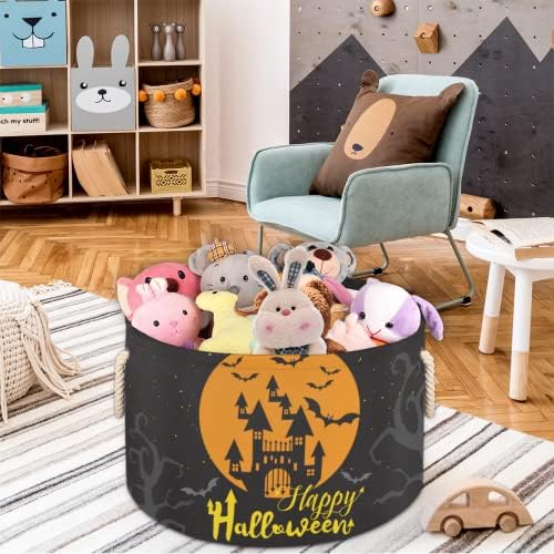 Halloween Castle Bat Grandes cestas redondas para cestas de lavanderia de armazenamento com alças cestas