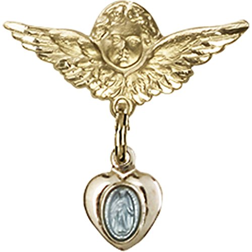 Crachá de bebê com placa de ouro sobre o charme milagroso azul de prata esterlina e anjo cheio de ouro com otador de Wings Citche 3/4 x 3/4 polegadas
