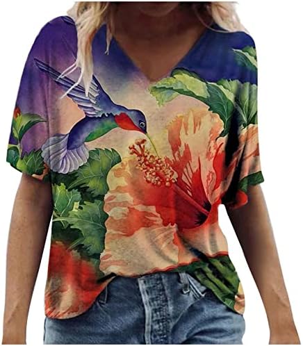 Tops de verão fofos para mulheres de manga curta Camisetas T Tamanho P Nech Casual Casual Camisa Boho Floral