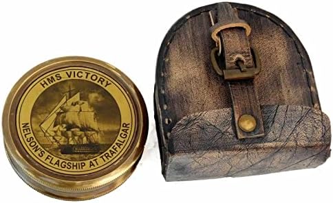 Ak Náutico Vintage Brass Antique HMS Victory Compass Solid Brass com Caso de Couro