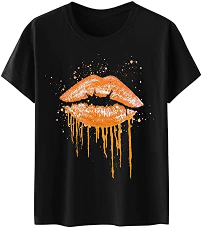 Camiseta gráfica de lábios femininos Manga curta Crewneck Sexy Cyberpunk Fit Fit Fit Blouse Tee para Senhoras