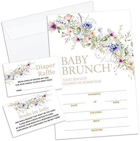Apankiw Wildflower Baby Brunch Invites de chá de bebê com envelopes e sorteios de fraldas e pacote de cartões
