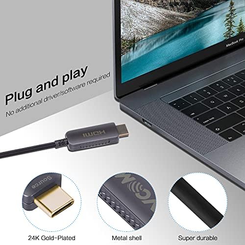 VCOM USB-C para Cabo de fibra óptica de fibra HDMI para home theater, suporte 18 Gbps 4k@60Hz HDR Thunderbolt 3/4, cordão flexível fino compatível com MacBook Pro/Air, Surface Book, iPad Pro, Samsung Galaxy S9