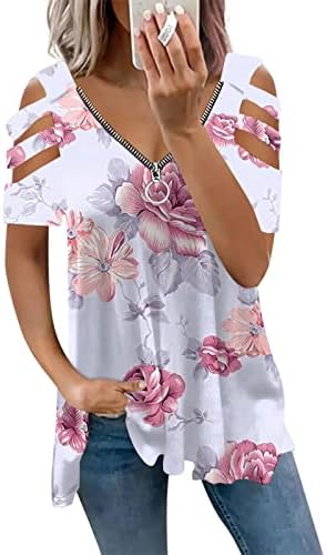 Camisetas de recorte estampadas florais femininas camisas de manga curta zíper V Blush Bloups Cold