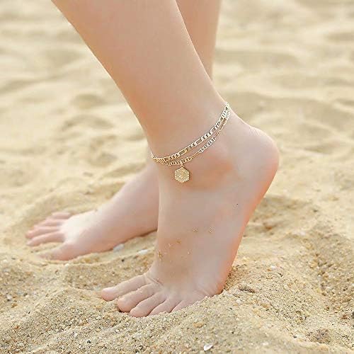 Memorjew Bracelets iniciais do tornozelo para mulheres, jóias iniciais de tornozeleiras de duas camadas duplas