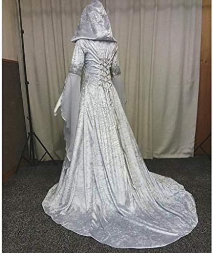 Vestido medieval de zefotim, vestido de bruxa vintage para mulheres com capuz de manga trompa de luta de trompete vestido de halloween cosplay