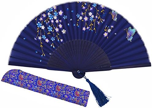 Amajiji Women Hand segurou os ventiladores dobráveis ​​de seda com quadro de bambu