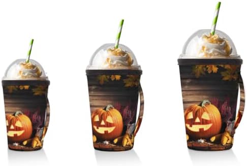 Lanterna de abóbora de Halloween 15 Manga de café gelada reutilizável com manga de xícara de neoprene