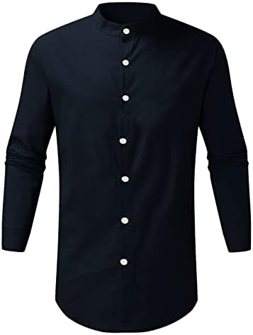 Xxbr masculino camisetas de linho de algodão de manga comprida Camisa casual de pescoço de pescoço