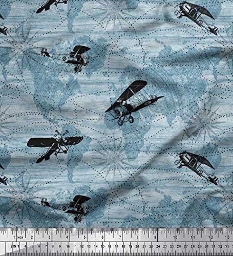 Poto de tecido de jersey de algodão Soimoi, avião e tecido de impressão de mapa pelo quintal de 58 polegadas