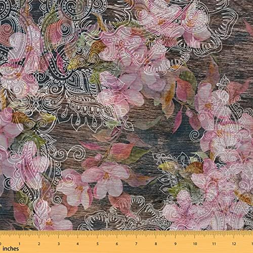 Tecido de padrão de Paisley By the Yard Pink Flowers Rustic Style Diy Craft Hobby Fabric By the Yard Retro Brown Wood Texture Decorative Fabric para estofados e detalhes em casa, 1 jardas