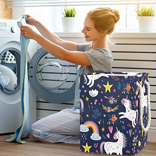 Cartoon Unicorn Stars Rainbow Colorido Pattern Laundry Tester com alças grandes cestas dobráveis