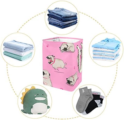 Cesta de lavanderia com alças cestas de lavanderia dobráveis ​​à prova d'água para caixas de armazenamento Organizador de cães de cães Pug Rosa, 19.3x11.8x15.9