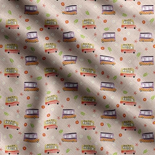 Soimoi Peach Cotton Popline Fabric Artistic Floral & School Bus Kids Print Fabric by Yard 56 polegadas de