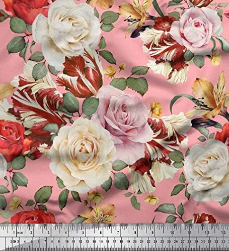 Folhas de tecido de algodão rosa Soimoi e tecido de estampa floral rosa pelo quintal de 58 polegadas de