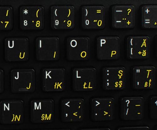 Layout de etiquetas de teclado romeno do 4Keyboard com fundo transparente de letras amarelas para