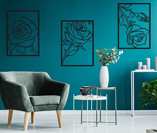 Flores de metal de 3 peças decoração de parede com moldura, arte de parede de metal para sala de estar,