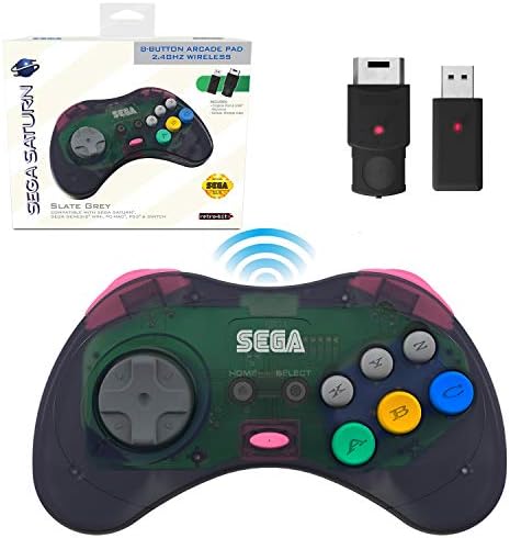 Retro-Bit Official Sega Saturn 2,4 GHz Controlador sem fio 8-Button Arcade Pad para Sega Saturno, Sega Genesis Mini, Switch, PS3, PC, Mac-Inclui 2 receptores e estojo de armazenamento