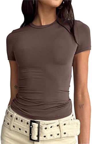 CIOATIN Feminino Manga curta Corte Camiseta Treino de camiseta básica Solid Form Fit Round Neck