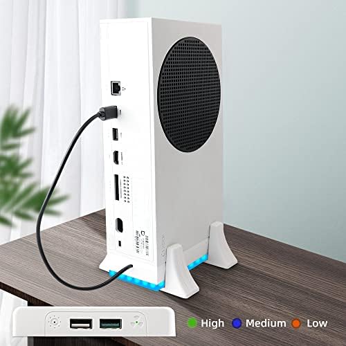 Suporte vertical com ventilador de resfriamento para as séries Xbox s com 7 tipos de faixa leve colorida RGB, resfriamento de alto desempenho, baixo ruído, 3 engrenagens velocidade ajustável com indicador de LED e 2 portas USB extra