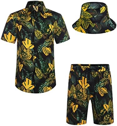 Camisa havaiana masculina de coofandy e roupas de praia de duas peças de flores curtas com chapéus de balde
