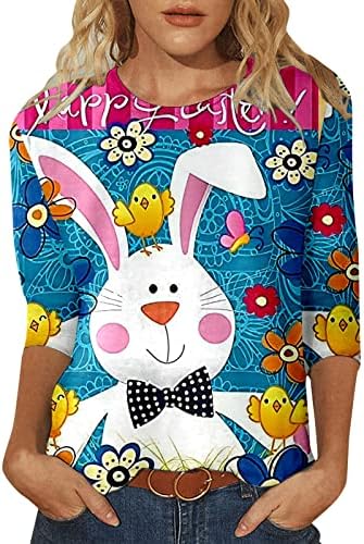 Camisa de coelhinho da Páscoa para mulheres feminino 3/4 de manga top bouse imprimir túnica casual