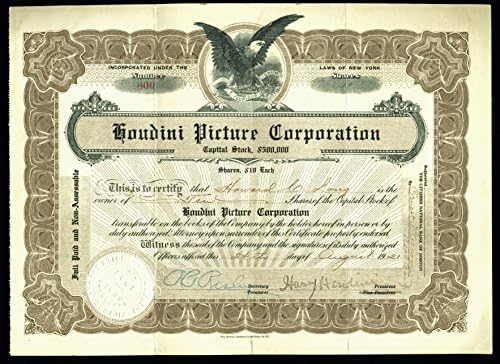 Harry Houdini assinou o certificado de ações da corporação da Houdini Picture Corporation BAS A87591