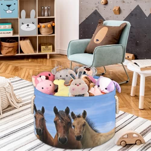 Animais de cavalos marrons grandes cestas redondas para cestas de lavanderia de armazenamento com alças cestas
