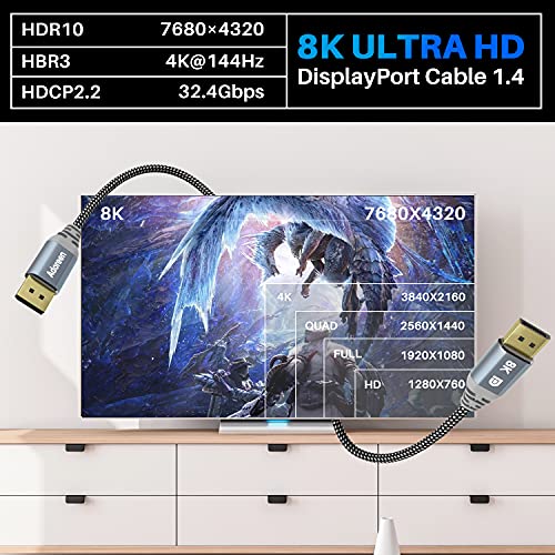 8k DisplayPort 1.4 Cabo 12 pés, cordão DP adorado de 1,5 a 30 pés HBR3 HDCP HDR, FreeSync G-Sync, porta de exibição