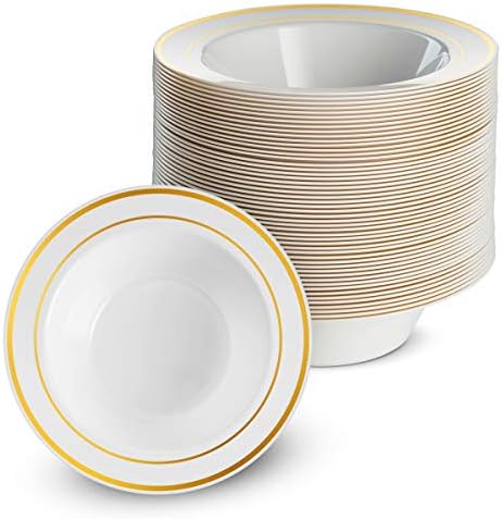 50 tigelas de sobremesa plásticas de ouro branco descartáveis ​​de ouro branco | Pequeno 6 onças. Louça de