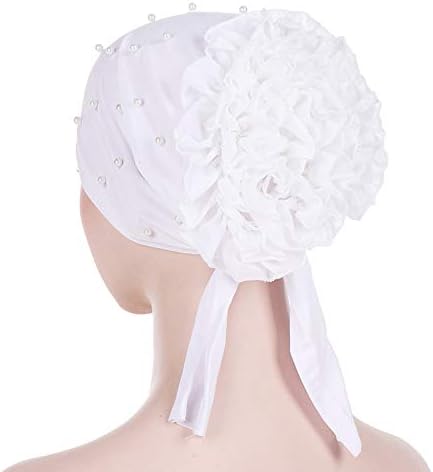 Womenie Beanie Hat Headwrap com Pearl Turban Ruffle Flower Flor Slouchy Feanie Caps for Women