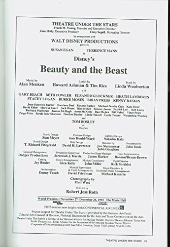 Beleza e a besta, pré-Broadway Playbill + Terrence Mann, Gary Beach, Beth Fowler, Susan Egan,