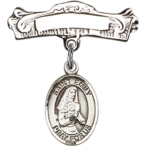 Distintivo para bebês de prata esterlina com o charme St. Emily de Vialar e pino de crachá polido em arco 7/8 x